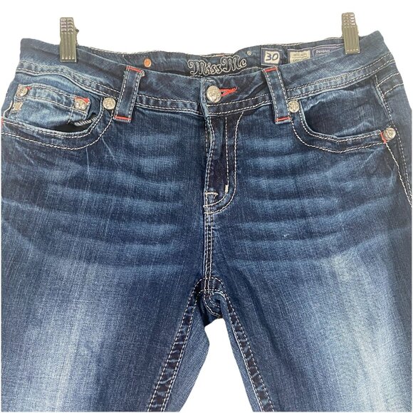 Miss Me Jeans Mid Rise Easy Crop Rhinestone embellished Women’s Sz 30 Dark Wash - Picture 5 of 13